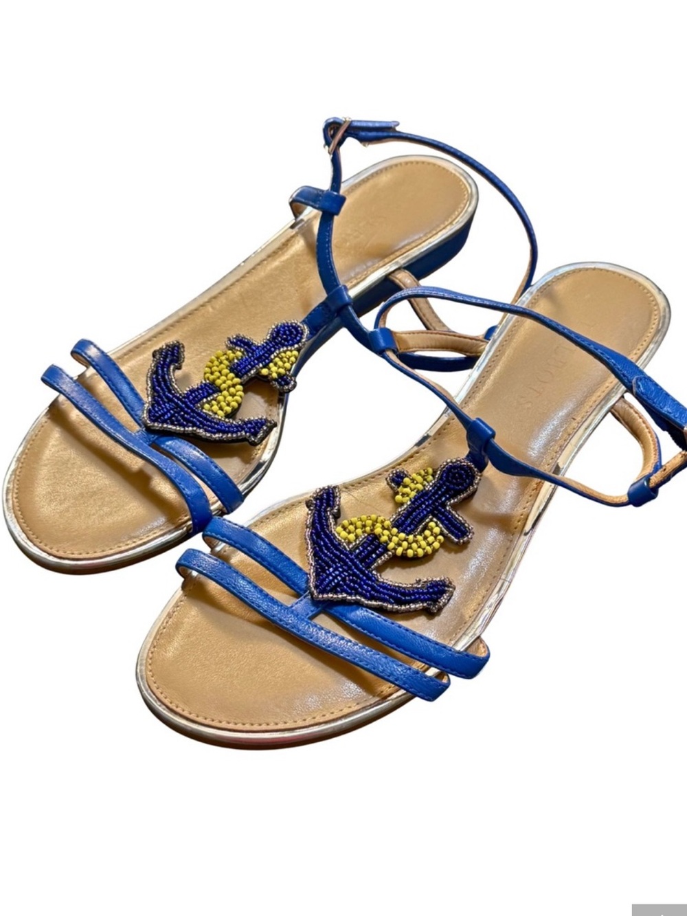 Talbots Blue and Yellow Beaded Anchor Leather Sandals
